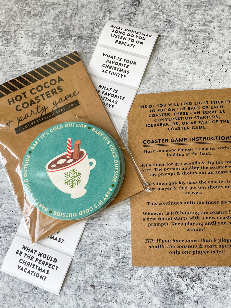 Hot Cocoa Coasters + Conversation Starters/Game Stickers